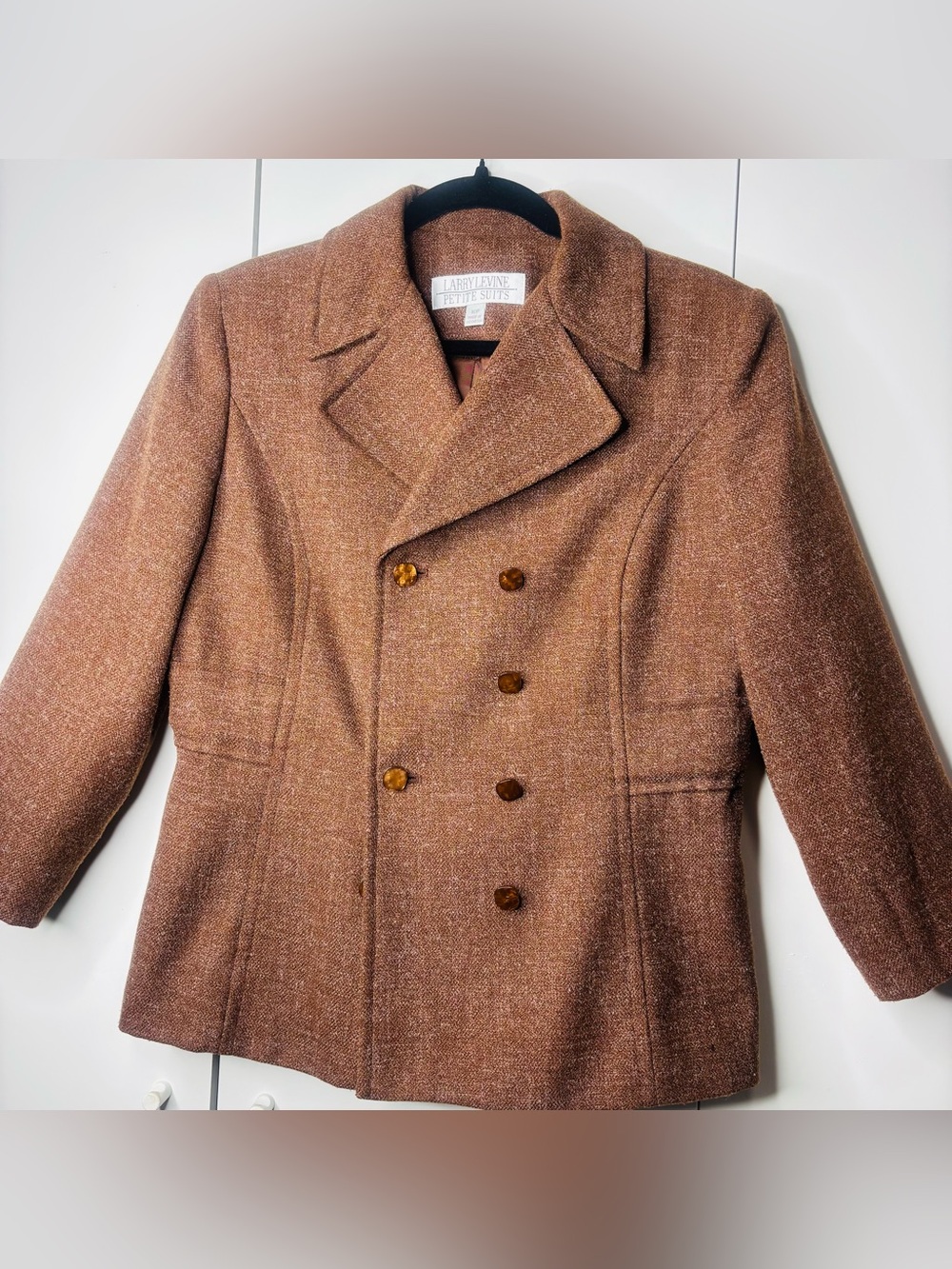 Larry Levine Brown Double-Breasted Wool Blend Petite Jacket
